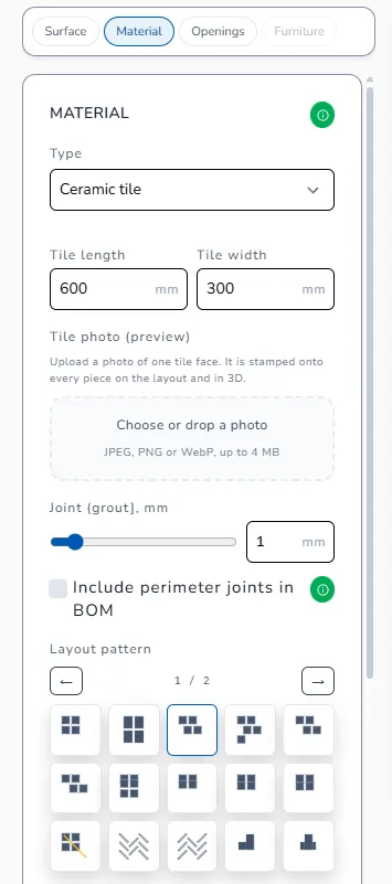 Material tab with Layout pattern thumbnails