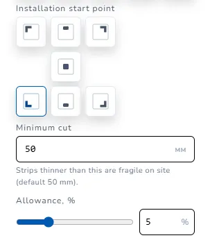 Botões de Ponto de início da instalação, Corte mínimo 50 mm, Margem 5%