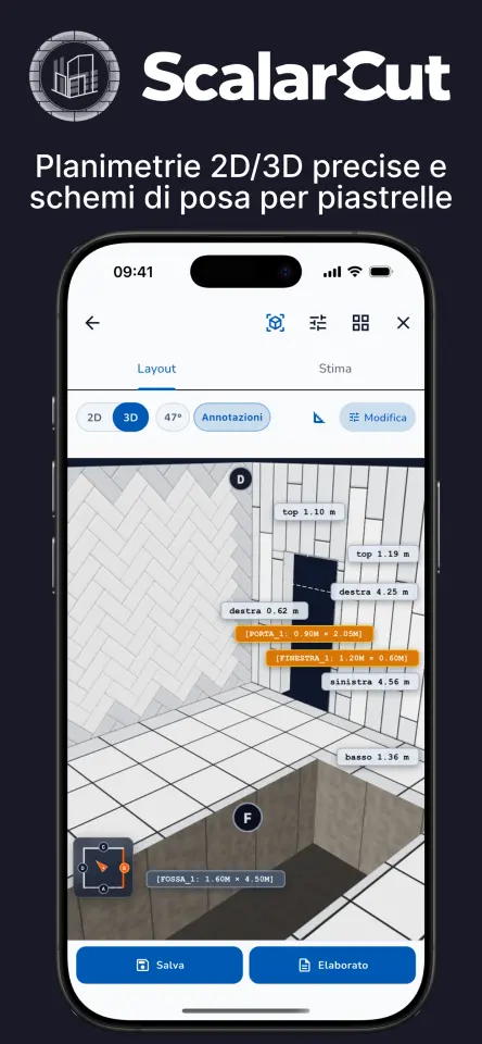 Planimetrie 2D/3D precise e schemi di posa per piastrelle